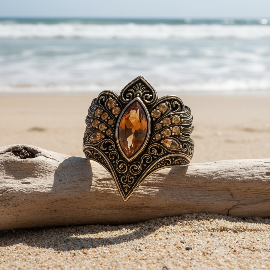 Copper Inlaid Champagne Colored Synthetic Zirconia Ring